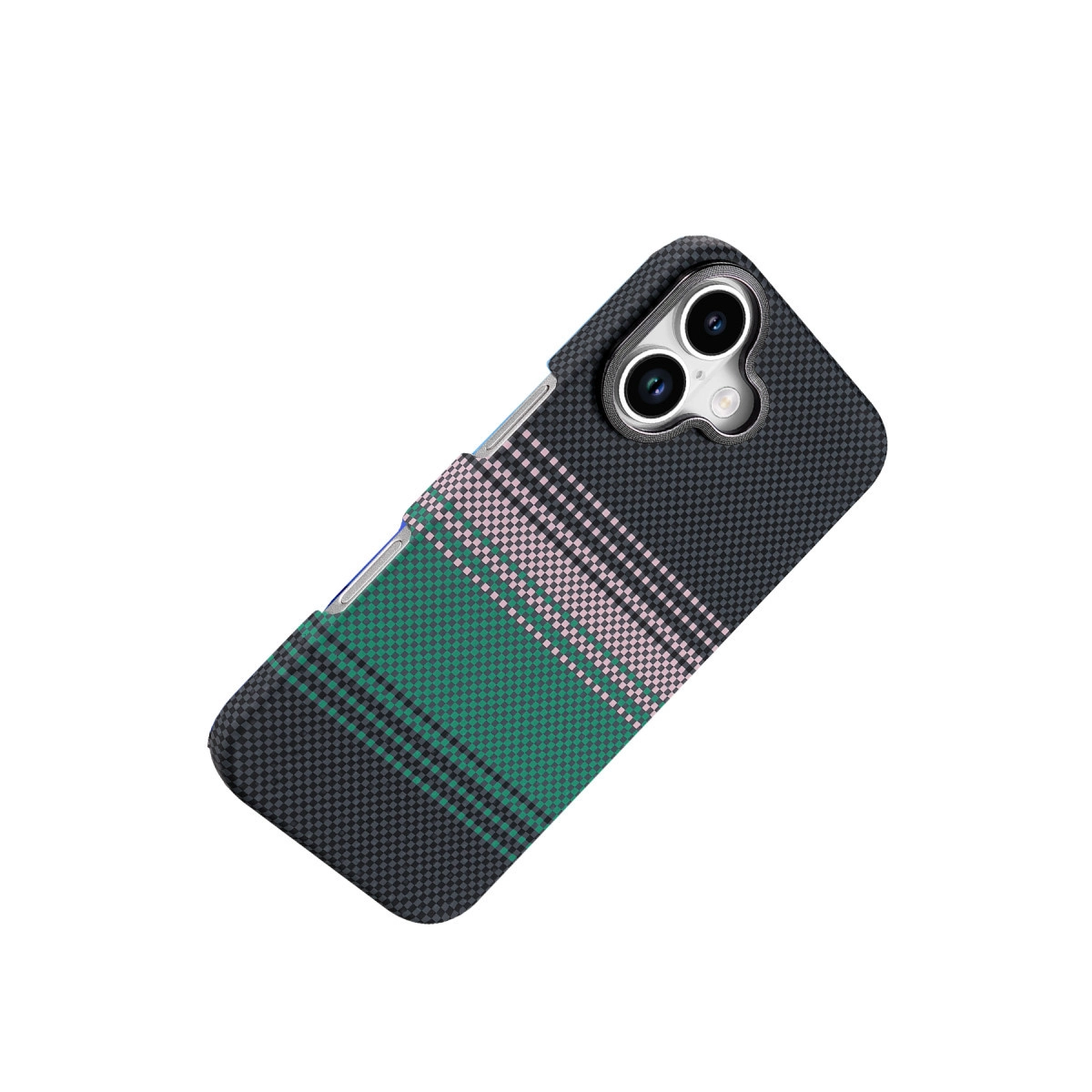Yeşil, pembe ve gri ekose desenli siyah telefon kılıfı.
