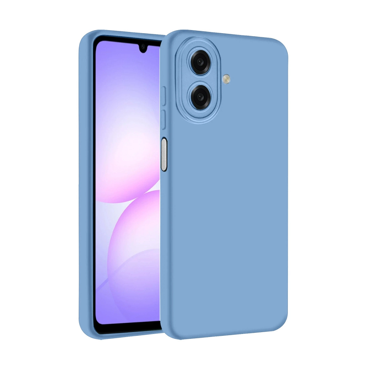 Arkada iki kamerası olan mavi bir telefon beyaz arka planda gösteriliyor.