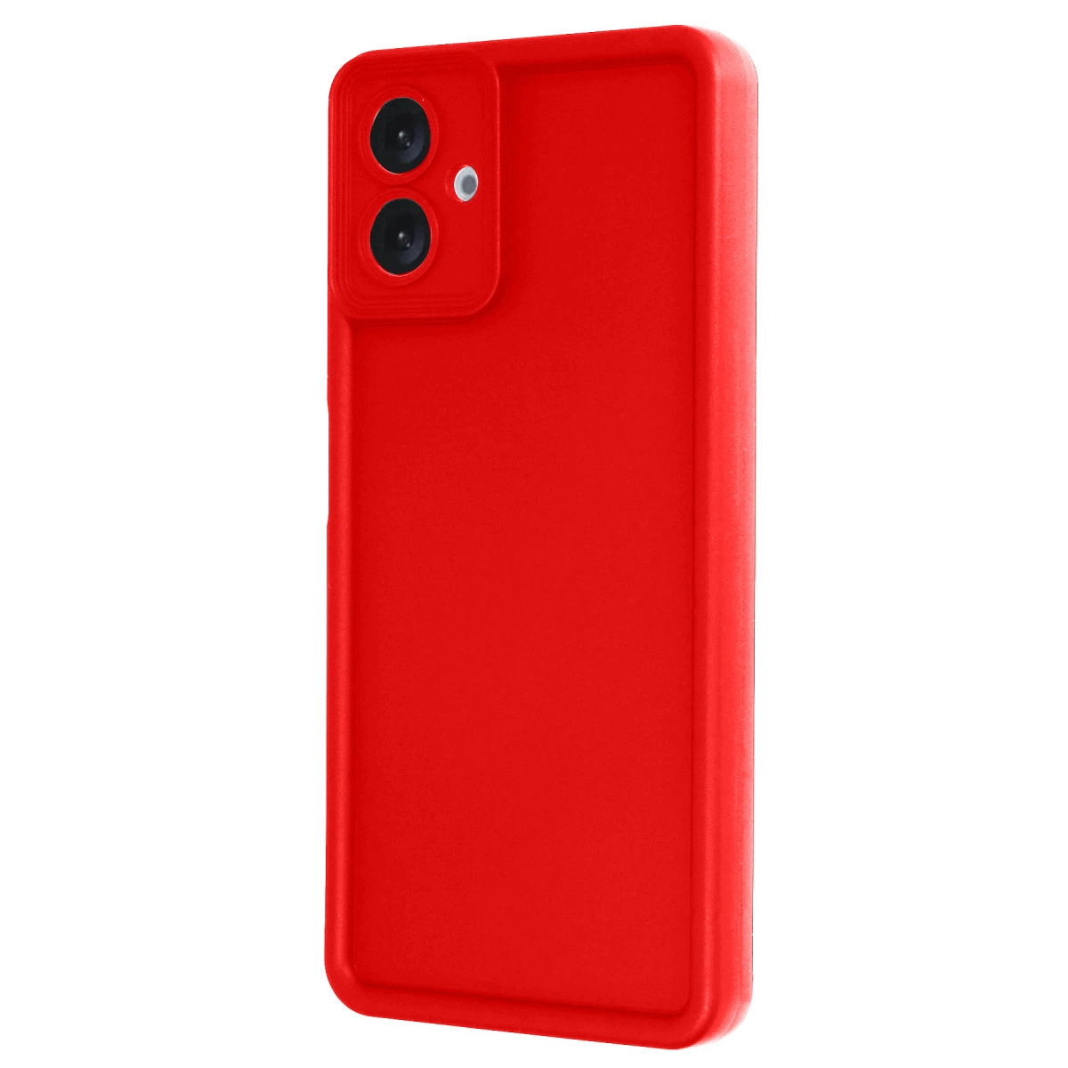 Arkada iki kamera lensi bulunan kırmızı telefon kılıfı.
