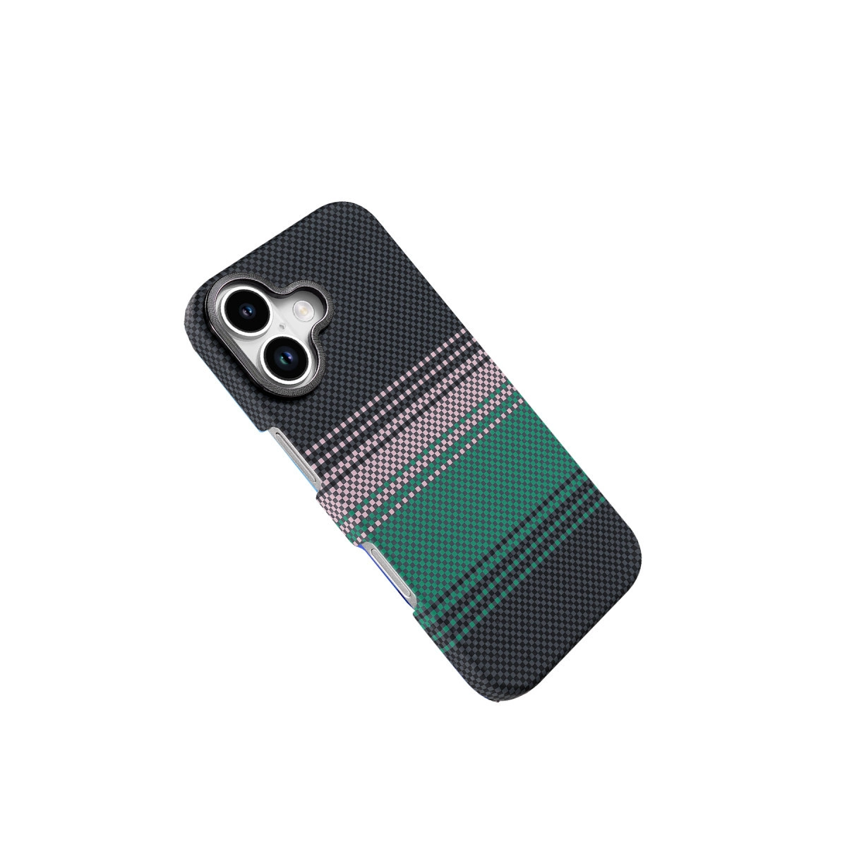 Siyah, pembe ve yeşil kareli desenli telefon kılıfı.