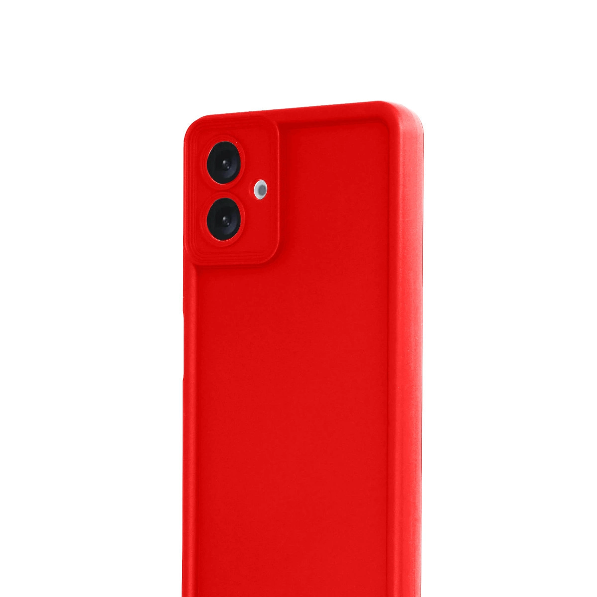 İki kamera lensli kırmızı bir akıllı telefonun arkası.