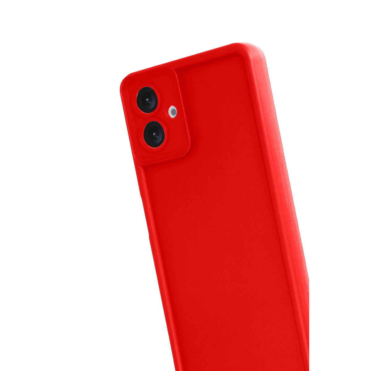 Kırmızı akıllı telefon, çift arka kamera ve flaşlı, yakından görünüm.