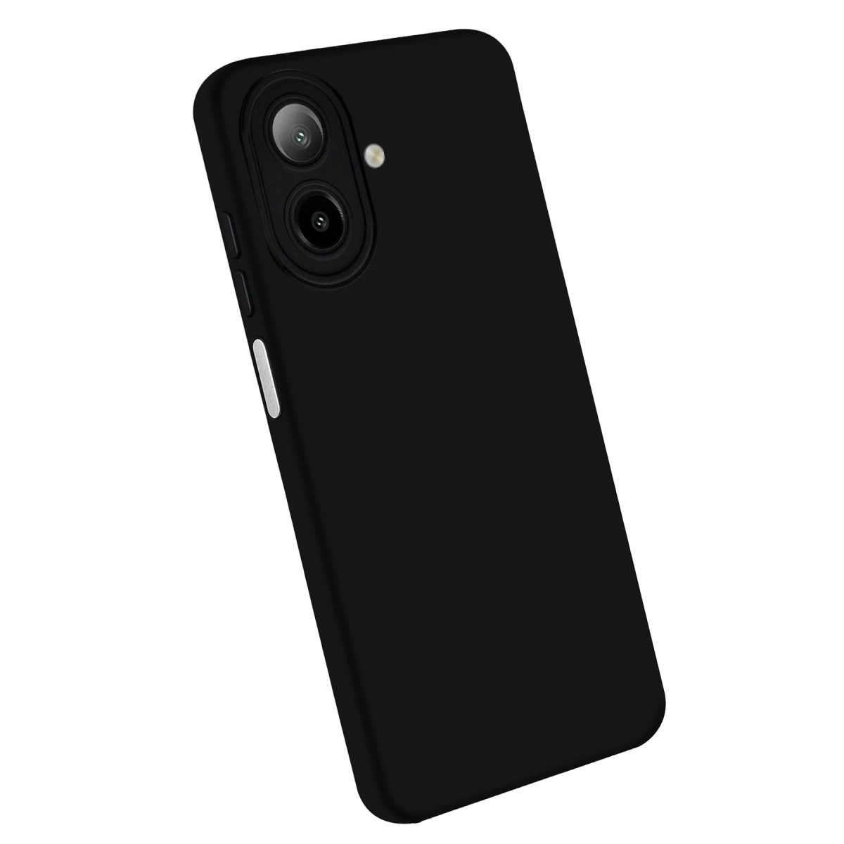 Arkada kamera modülü ve flaşlı siyah akıllı telefon kılıfı.