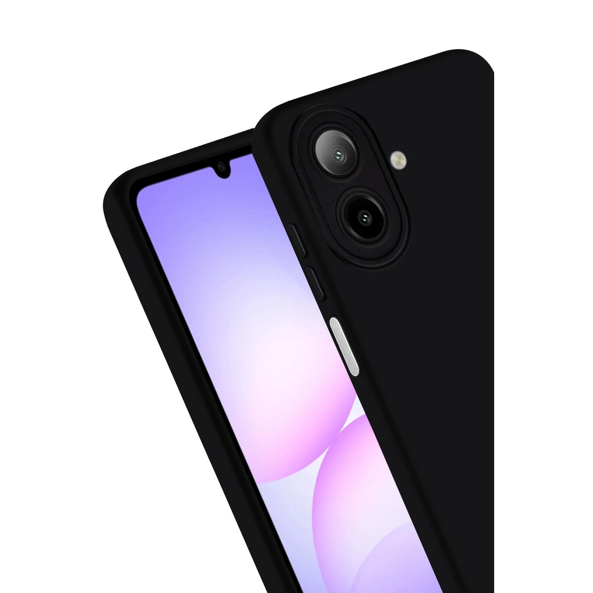 Çift arka kamera ve flaşlı siyah akıllı telefon. Mor ekran.