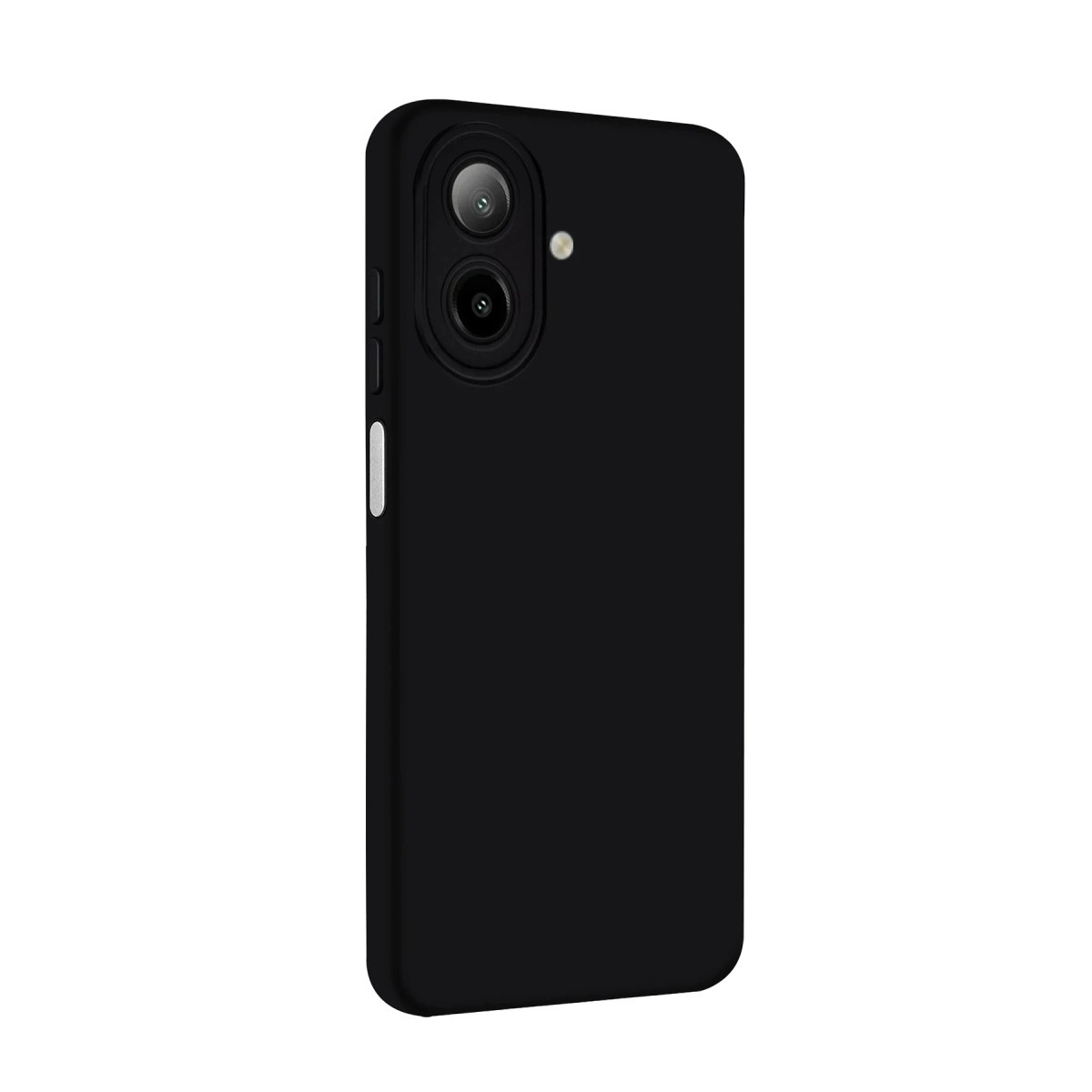 İki kamera ve flaşlı siyah akıllı telefon kılıfı, beyaz zeminde.