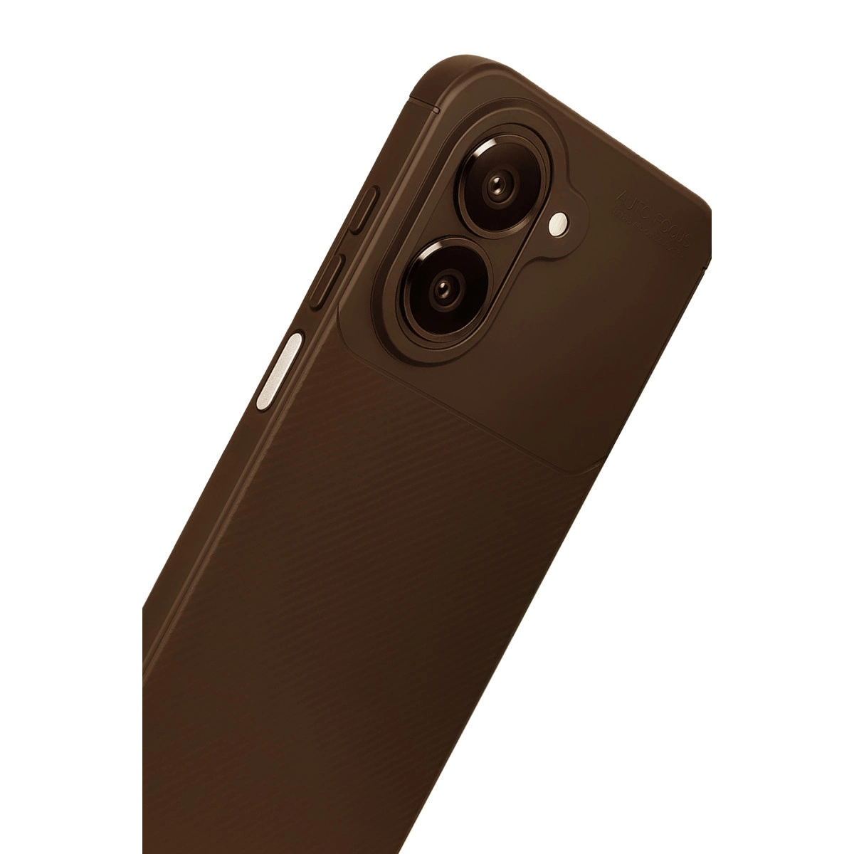 Çift kameralı, yivli dokulu kahverengi telefon kılıfı.