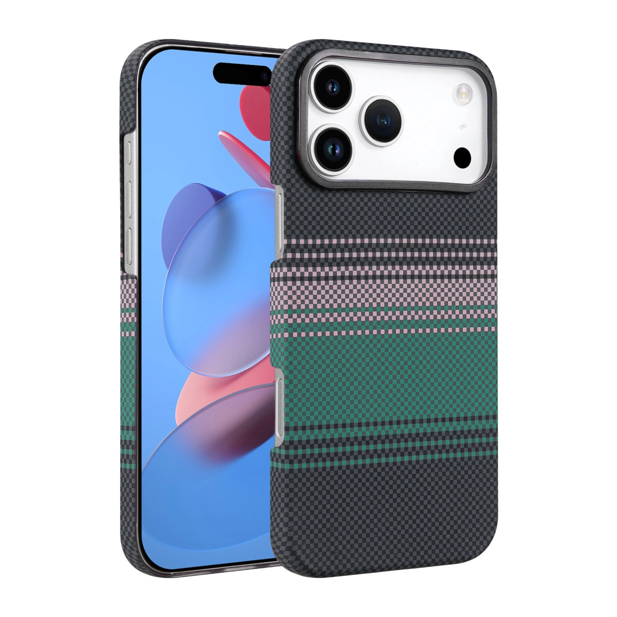 Yeşil, pembe ve gri tonlarda kareli desenli kılıfa sahip bir akıllı telefon.