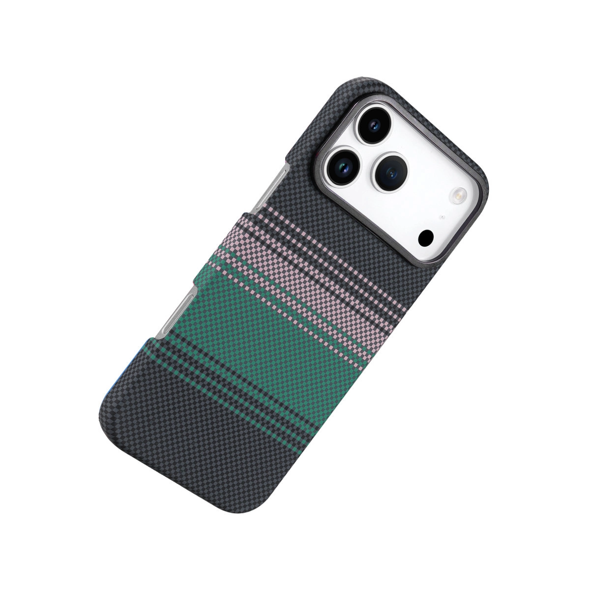 Kareli deseni ve yeşil-pembe çizgili koyu gri telefon kılıfı.