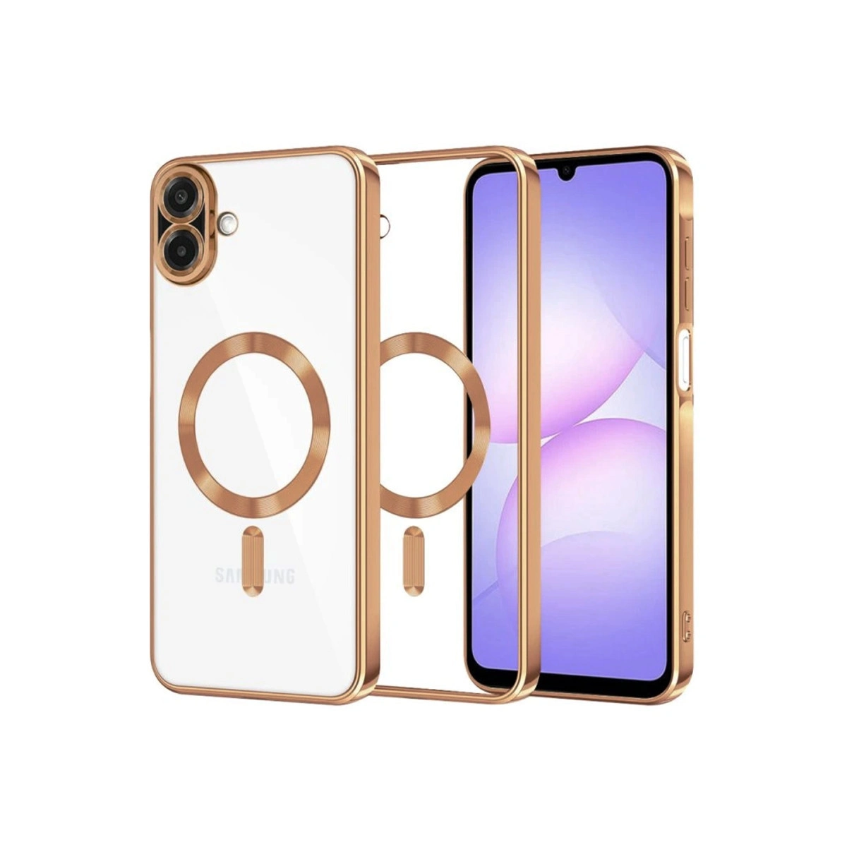Altın rengi telefon kılıfı, şeffaf arka ve manyetik halka.