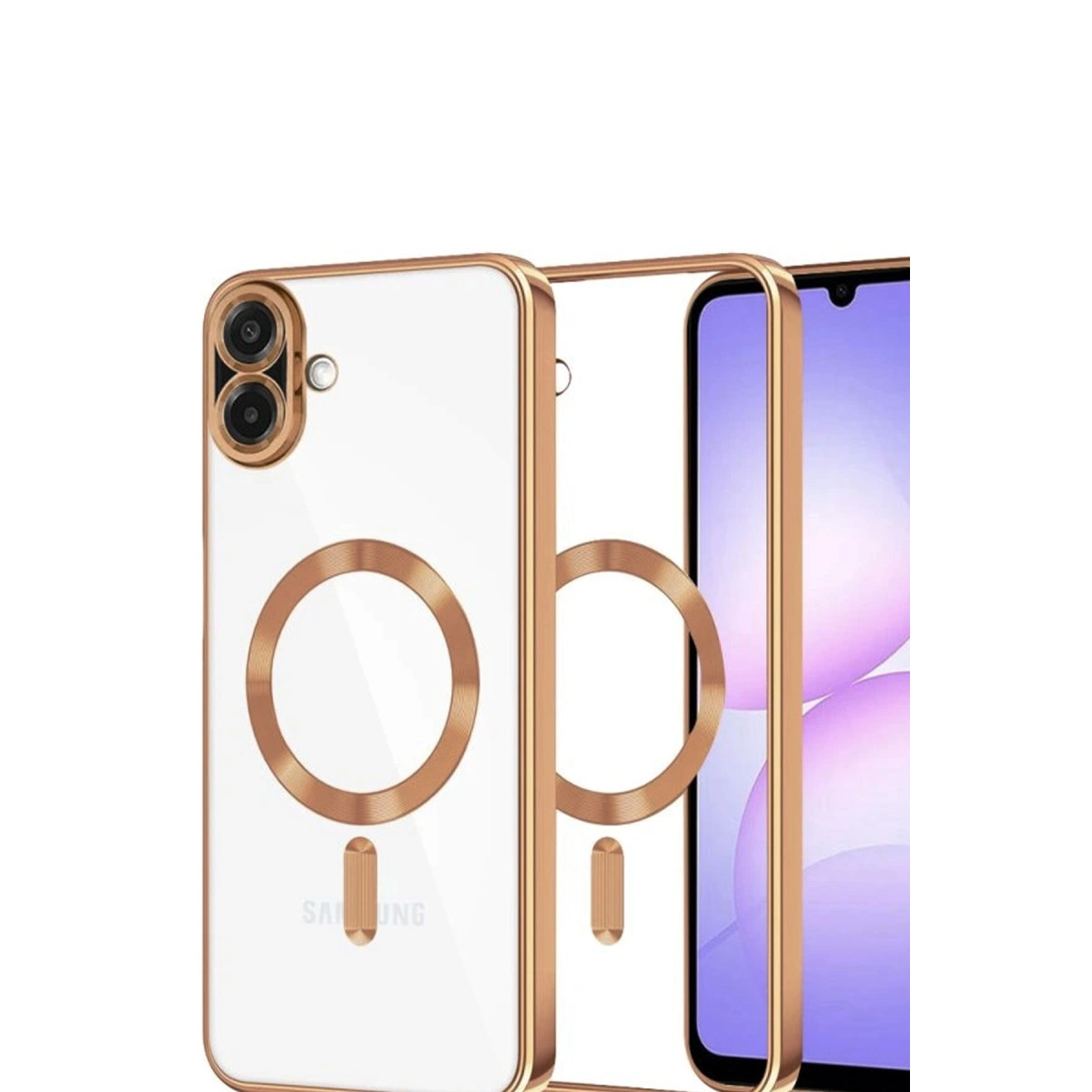 Altın kenarlı şeffaf telefon kılıfı, MagSafe halkası ve çift kamera.