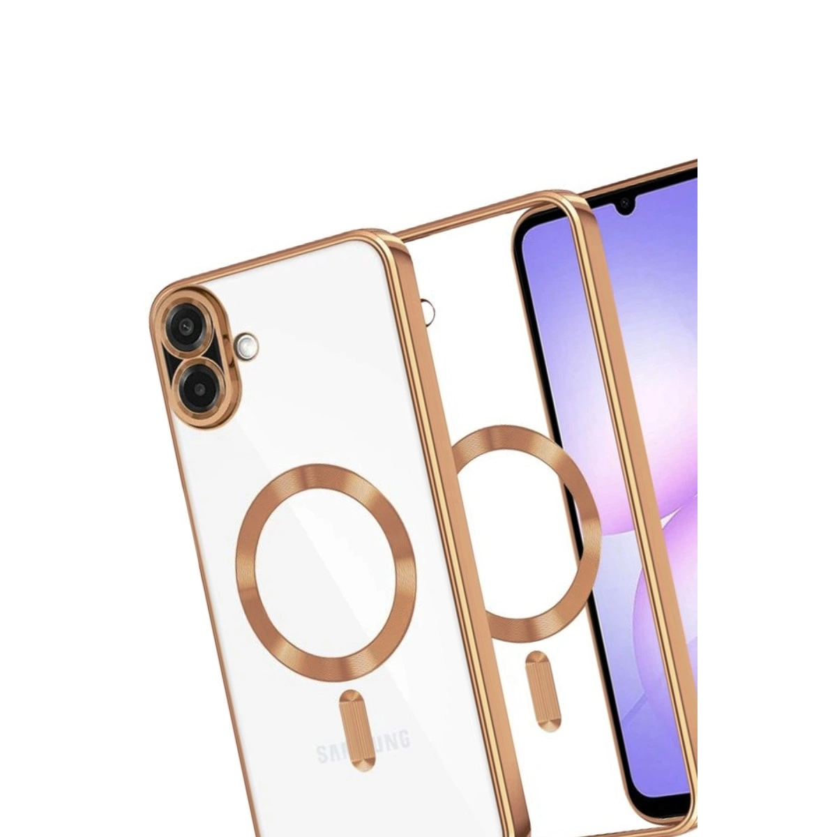 Altın kenarlı şeffaf telefon kılıfı kamera modülünü ve şarj halkasını gösteriyor.