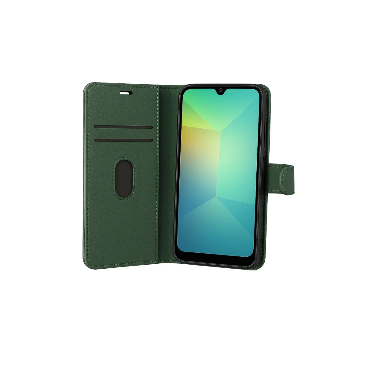 Açık cüzdan kapaklı yeşil telefon kılıfı ve renkli ekranlı akıllı telefon.