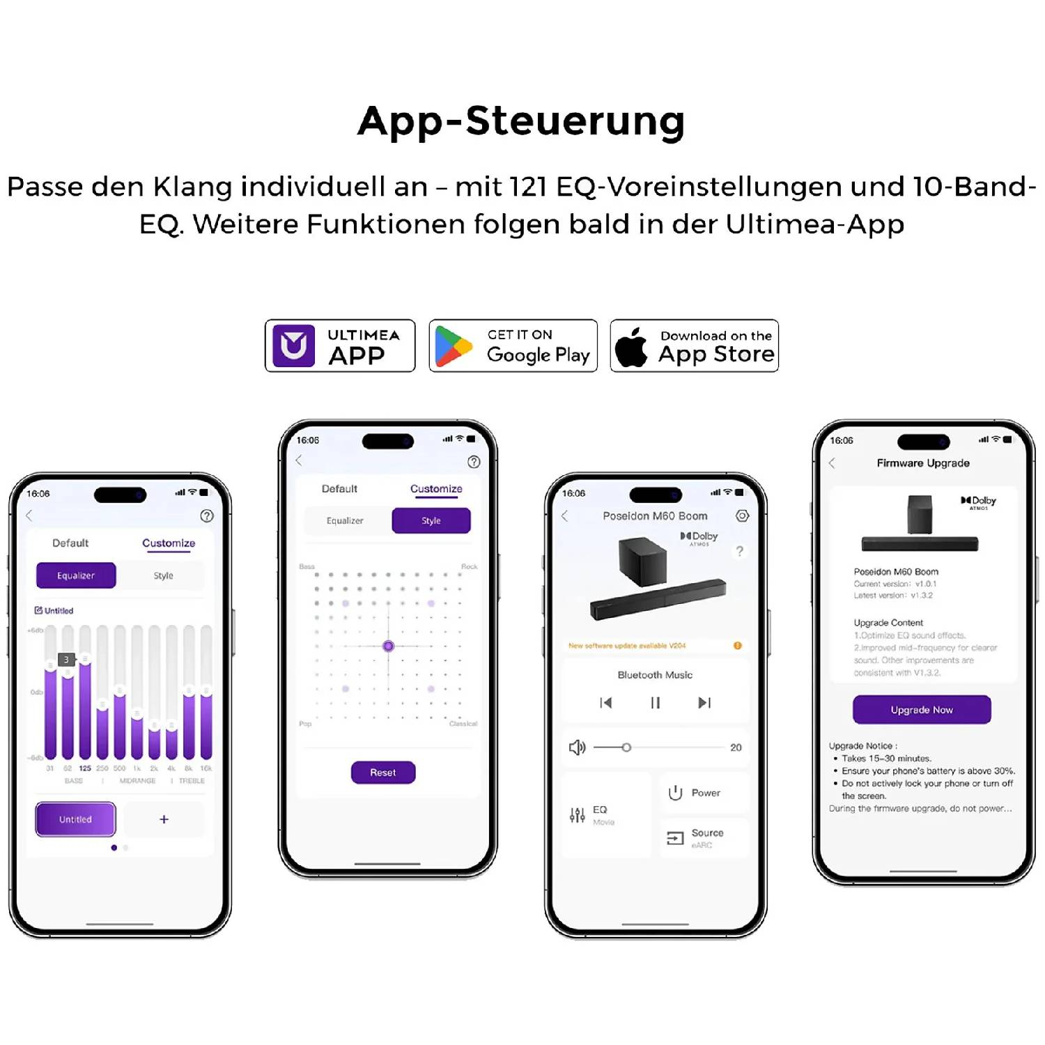 Contrôle de l'application avec réglage de l'égaliseur, Dolby Atmos et mise à jour.