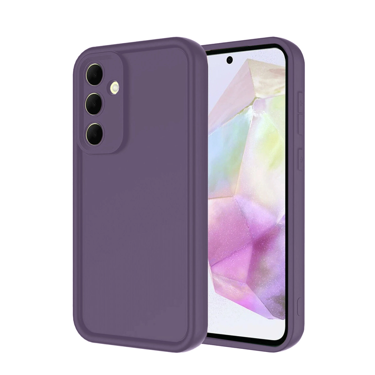Üç arka kamera lensli ve ekranlı mor telefon kılıfı.
