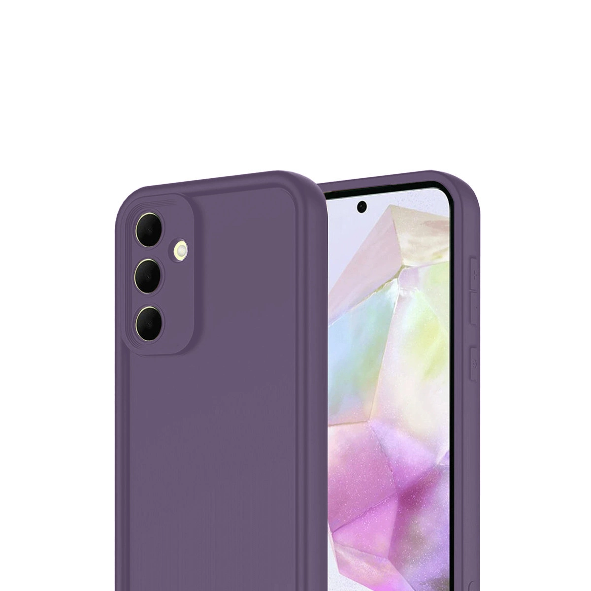 Arkada üç kamera lensi ve ekranın bir kısmı bulunan mor telefon kılıfı.
