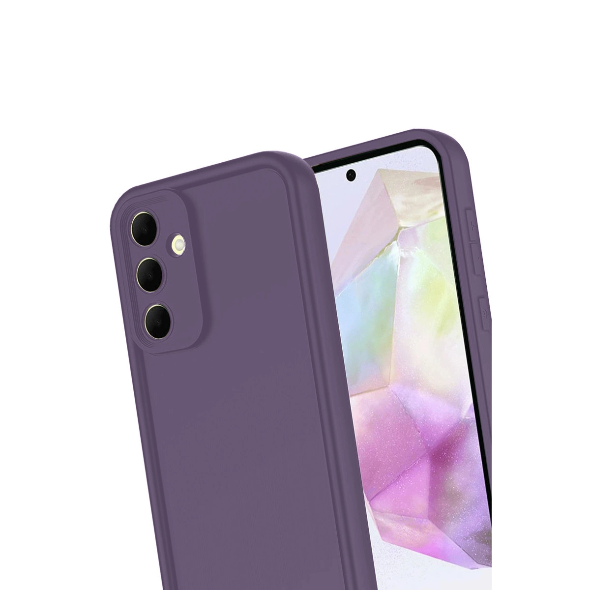 Üçlü kamera ve ekrana sahip mor telefon kılıfı.