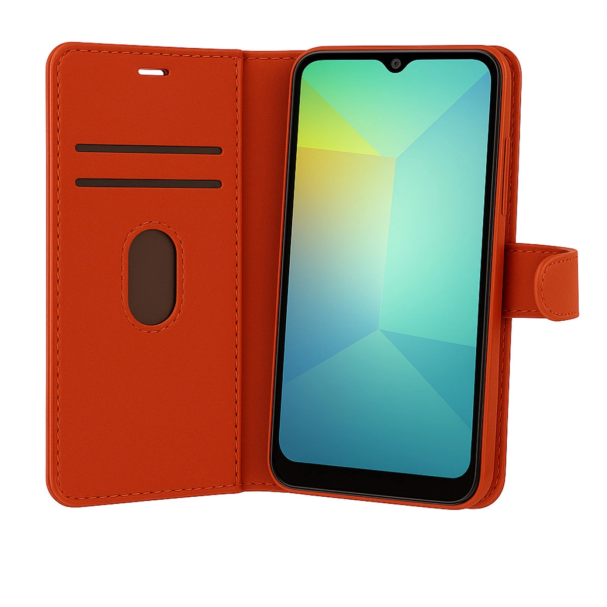 Kart yuvalı turuncu telefon kılıfı ve açık akıllı telefon.