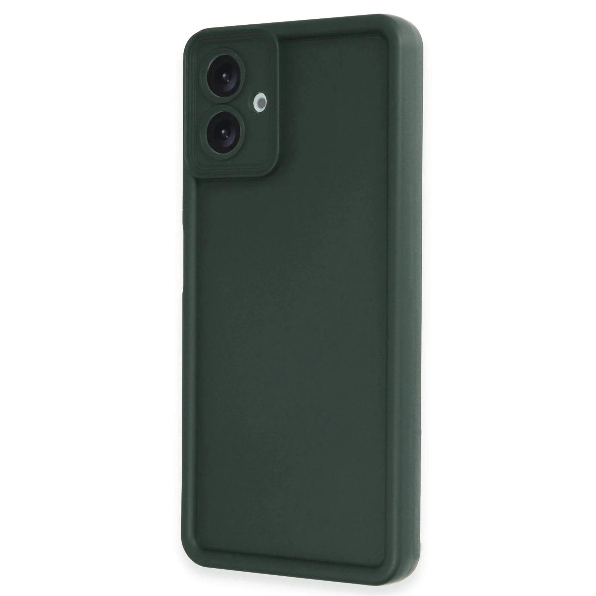 İki kamera lensi ve flaşlı koyu yeşil telefon kılıfı.