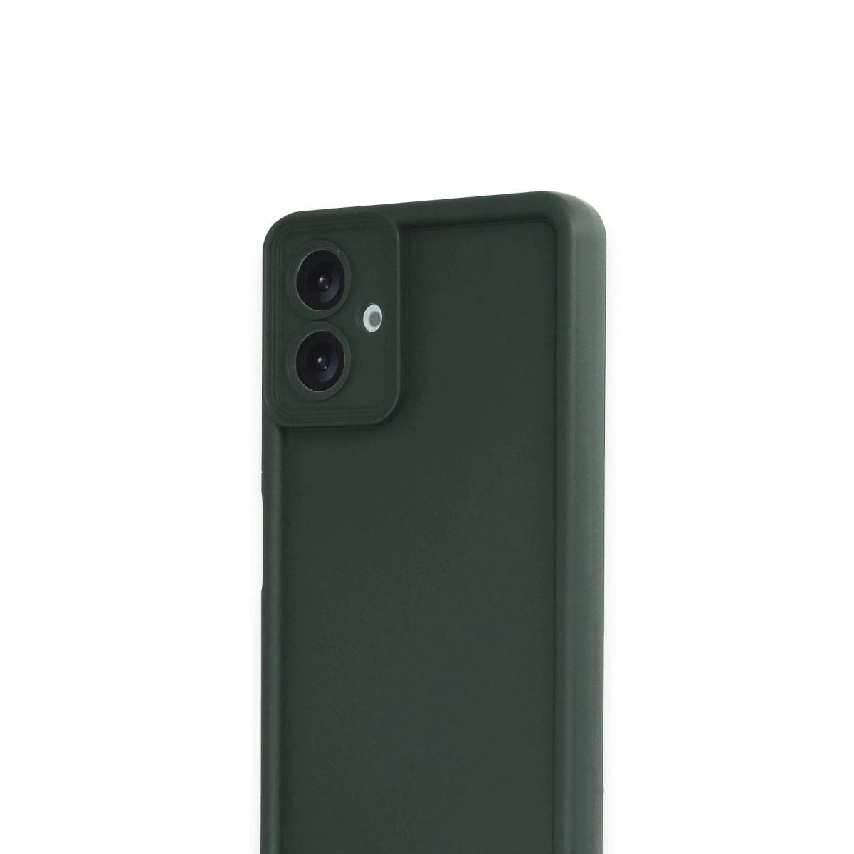 Çift kamera kesimi ve flaşlı koyu yeşil telefon kılıfı.