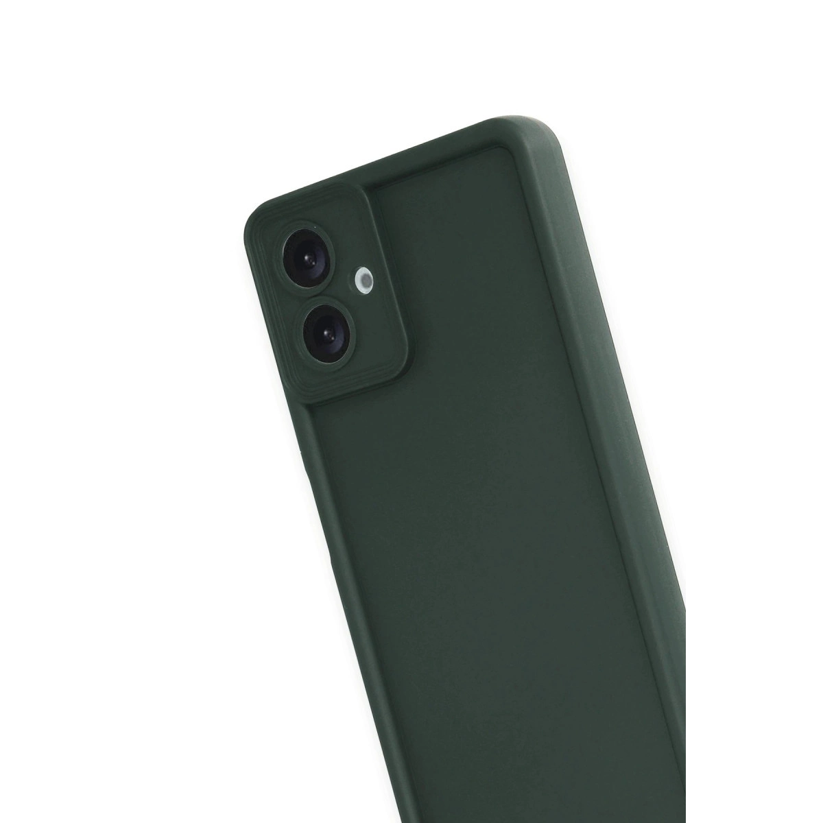 İki kamera lensi ve flaşlı koyu yeşil telefon kılıfı.