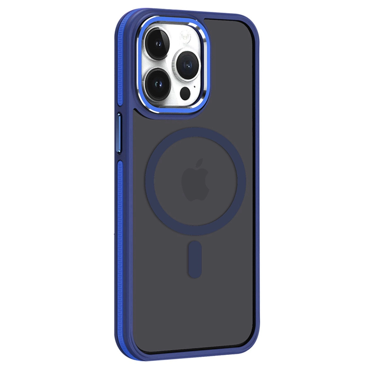 Mavi kenarlı iPhone kılıfı, siyah arka yüz ve kamera modülü.