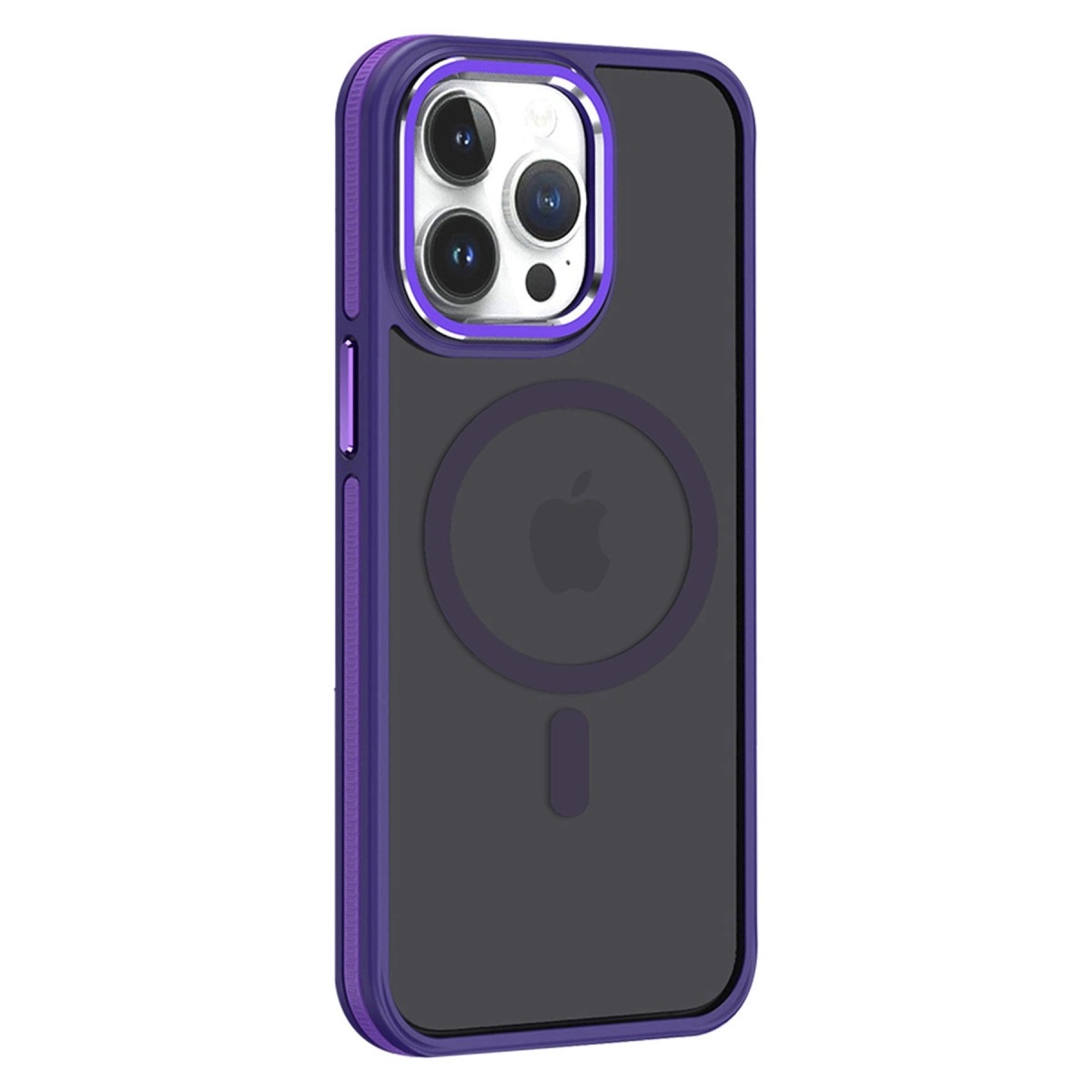 Üç kameralı ve Apple logolu mor iPhone kılıfı.