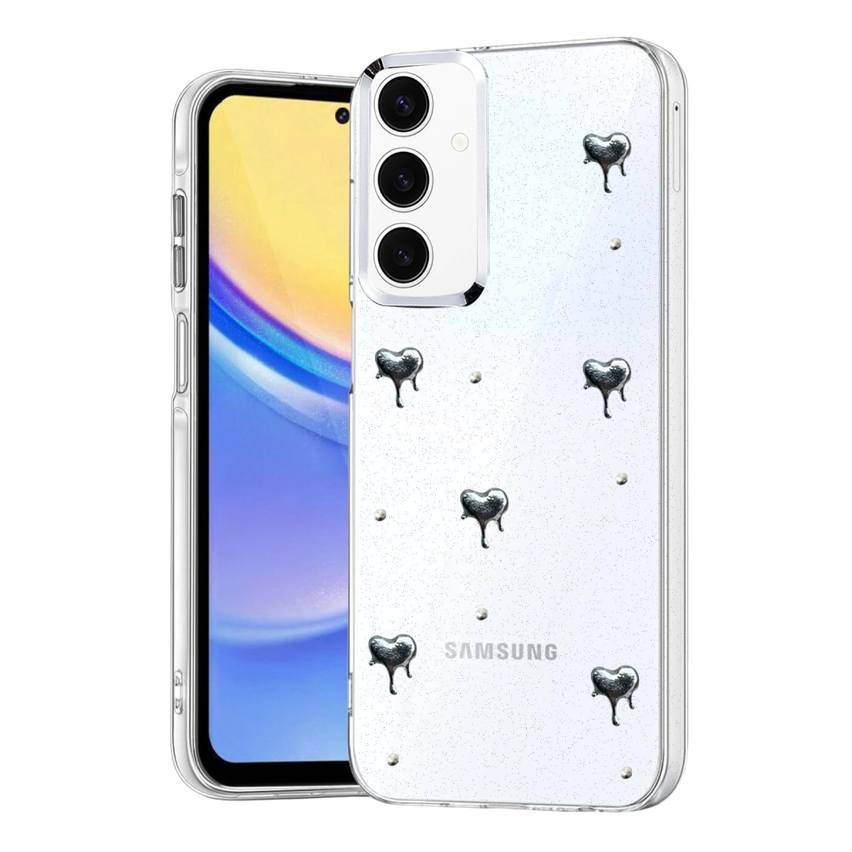 Gümüş damlayan kalpli ve simli şeffaf telefon kılıfı.