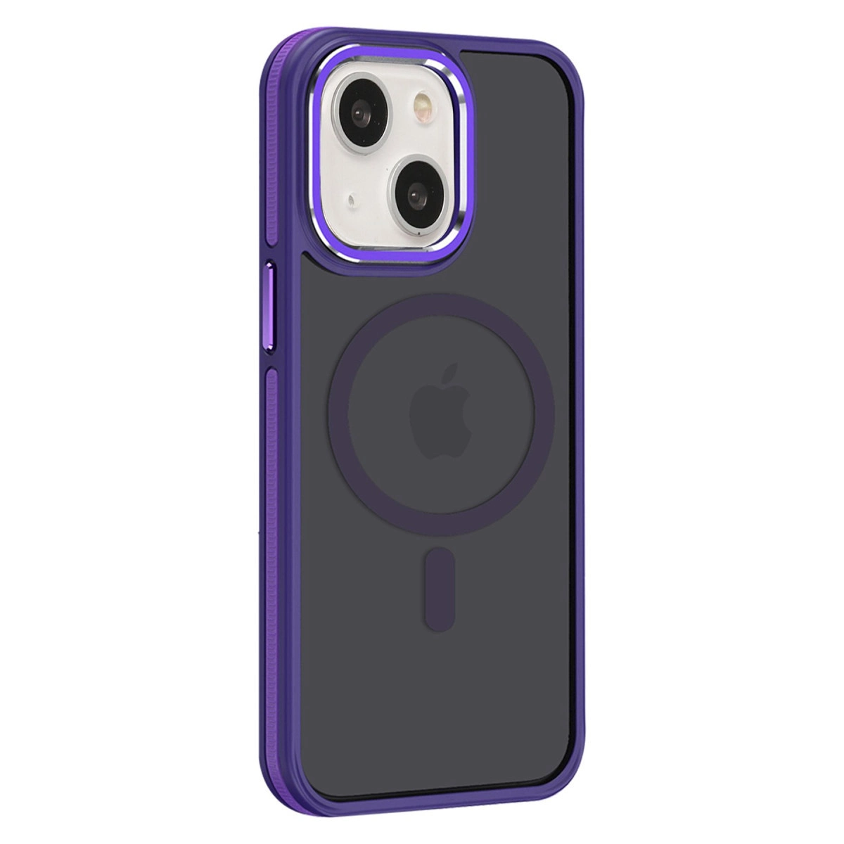 Çift kameralı ve Apple logolu mor iPhone kılıfı.
