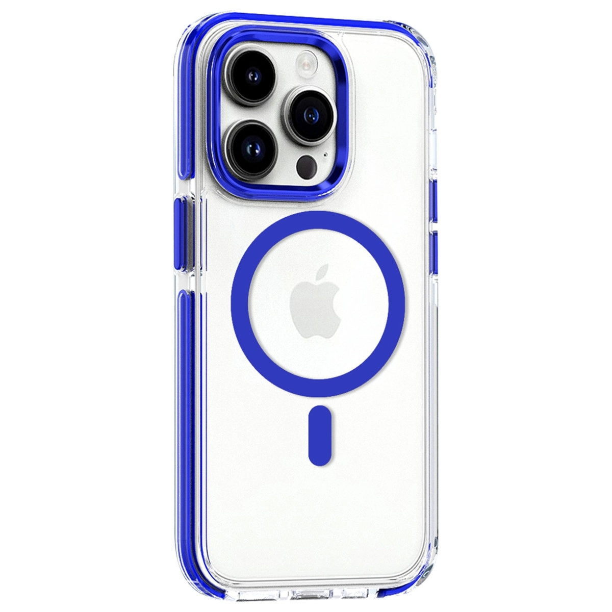 Mavi kenarlı şeffaf iPhone kılıfı, kameraları ve Apple logosunu gösteriyor.