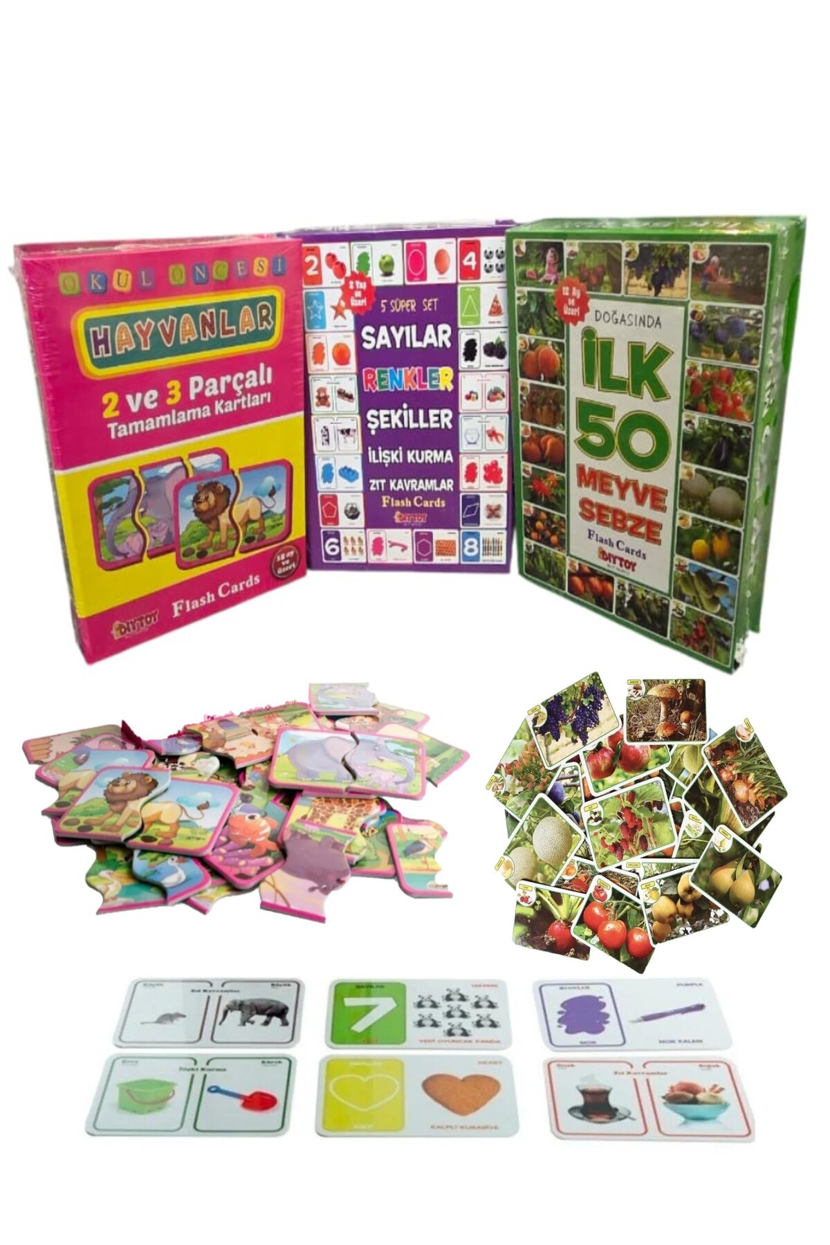 PLAYZEN Okul Öncesi Eğitici 3’lü Set Hayvanlar, Kavramlar ve Meyve-Sebze Kartları 3+