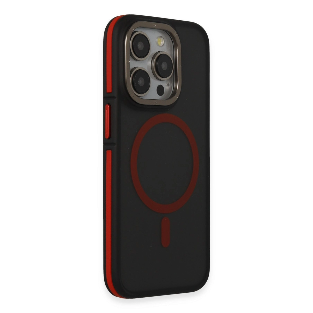 Kırmızı vurgulu ve kamera modüllü siyah telefon kılıfı.