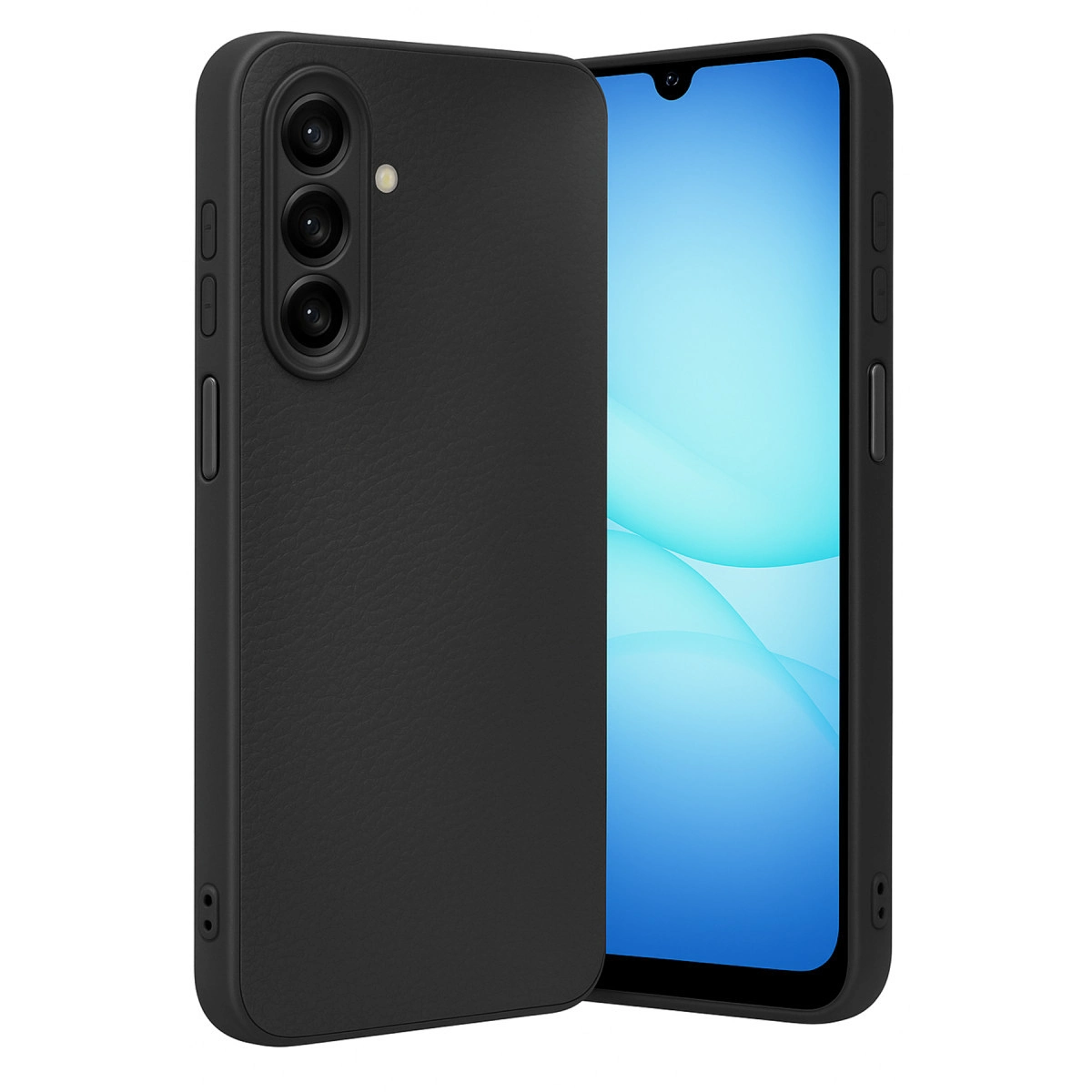 Kameralı ve ekranlı siyah telefon kılıfı beyaz zeminde.