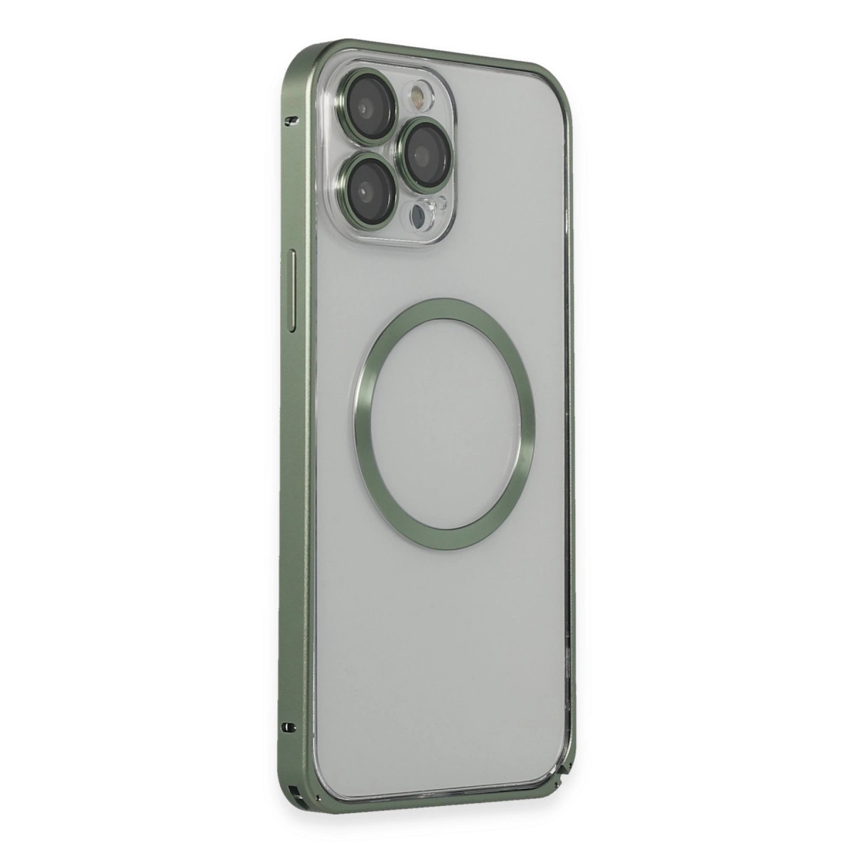 Kamera dizisi ve dairesel vurgulu yeşil iPhone kılıfı.