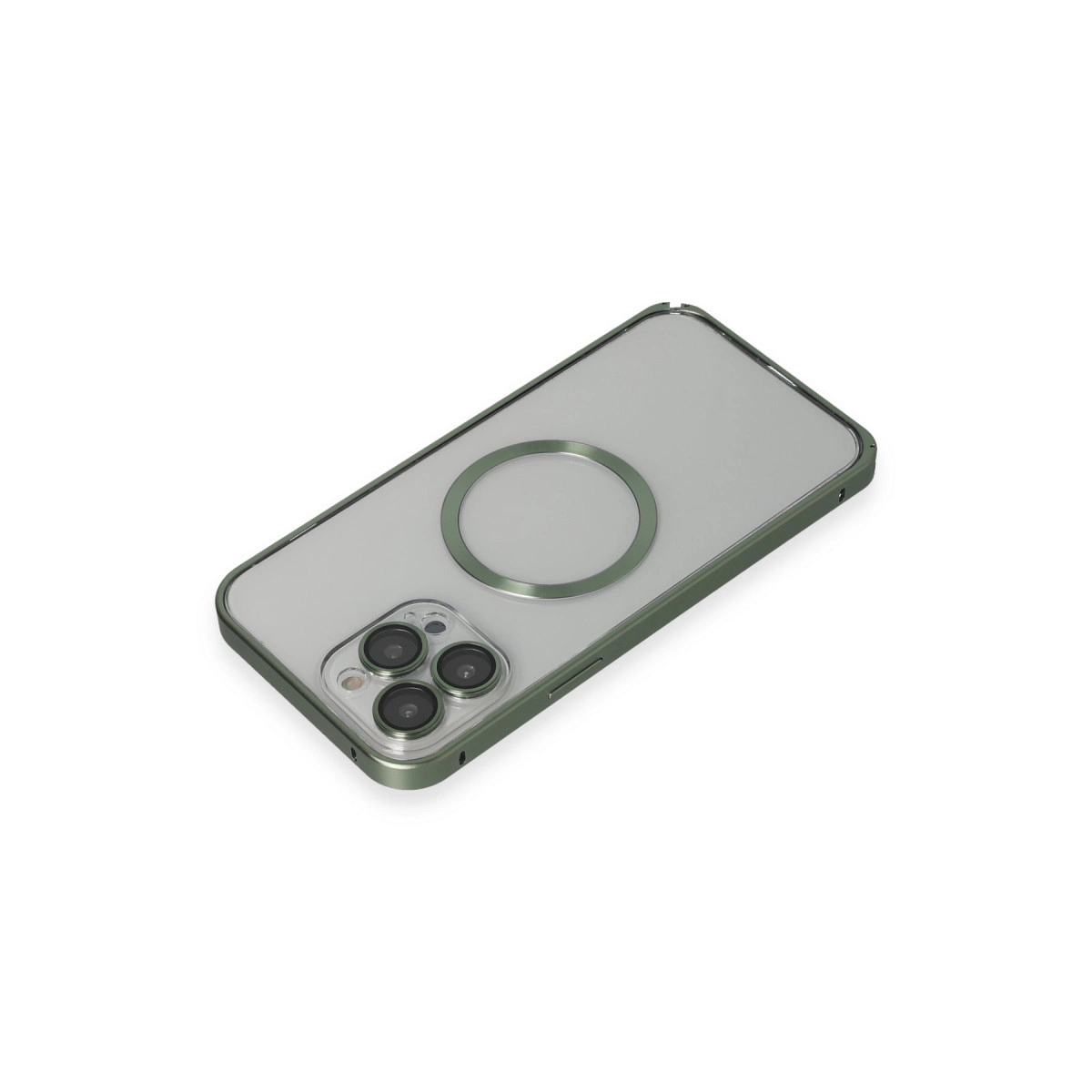 Beyaz arka plan üzerinde MagSafe halkalı yeşil iPhone kılıfı.
