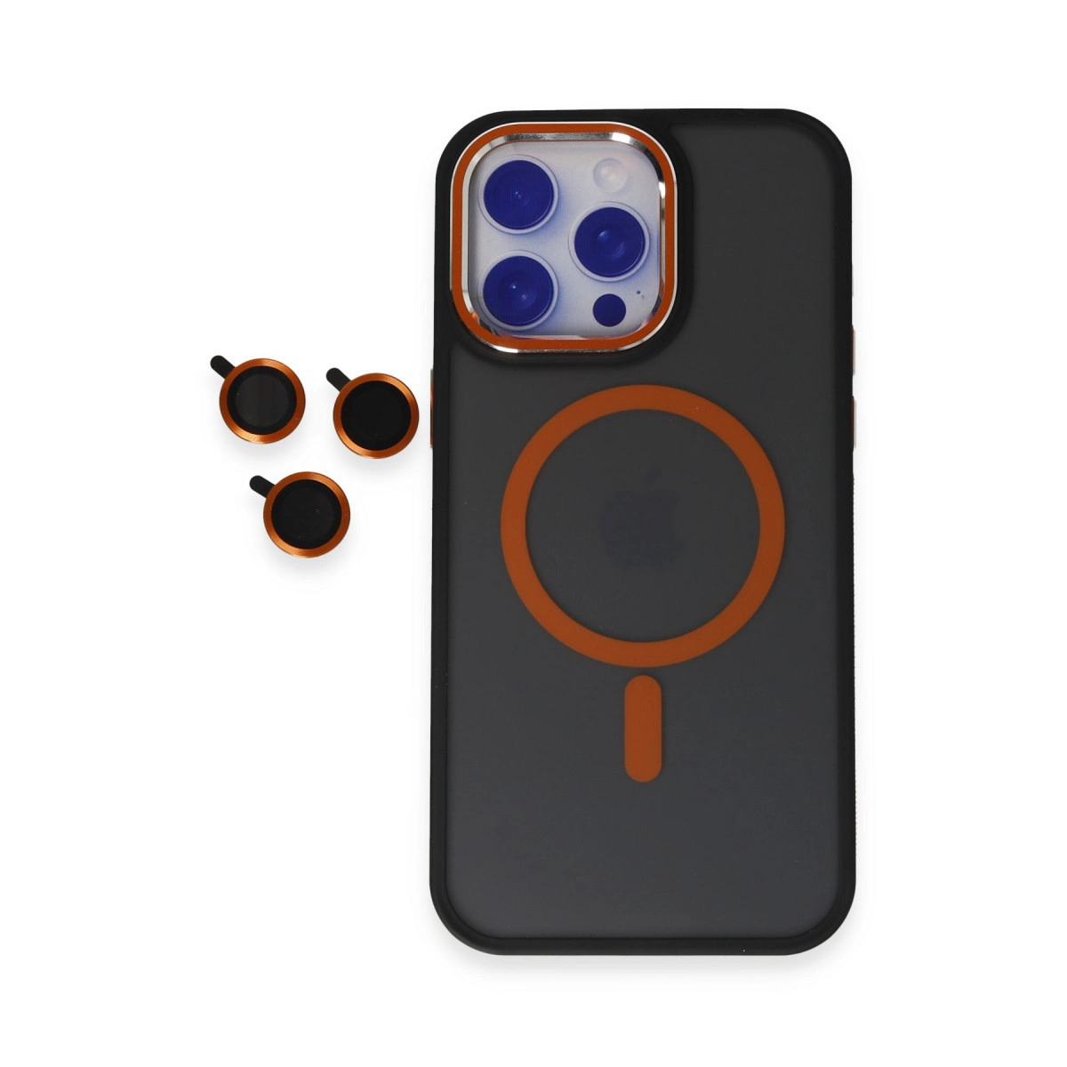 Turuncu halkalı koyu gri telefon kılıfı ve yanında üç lens kapağı.