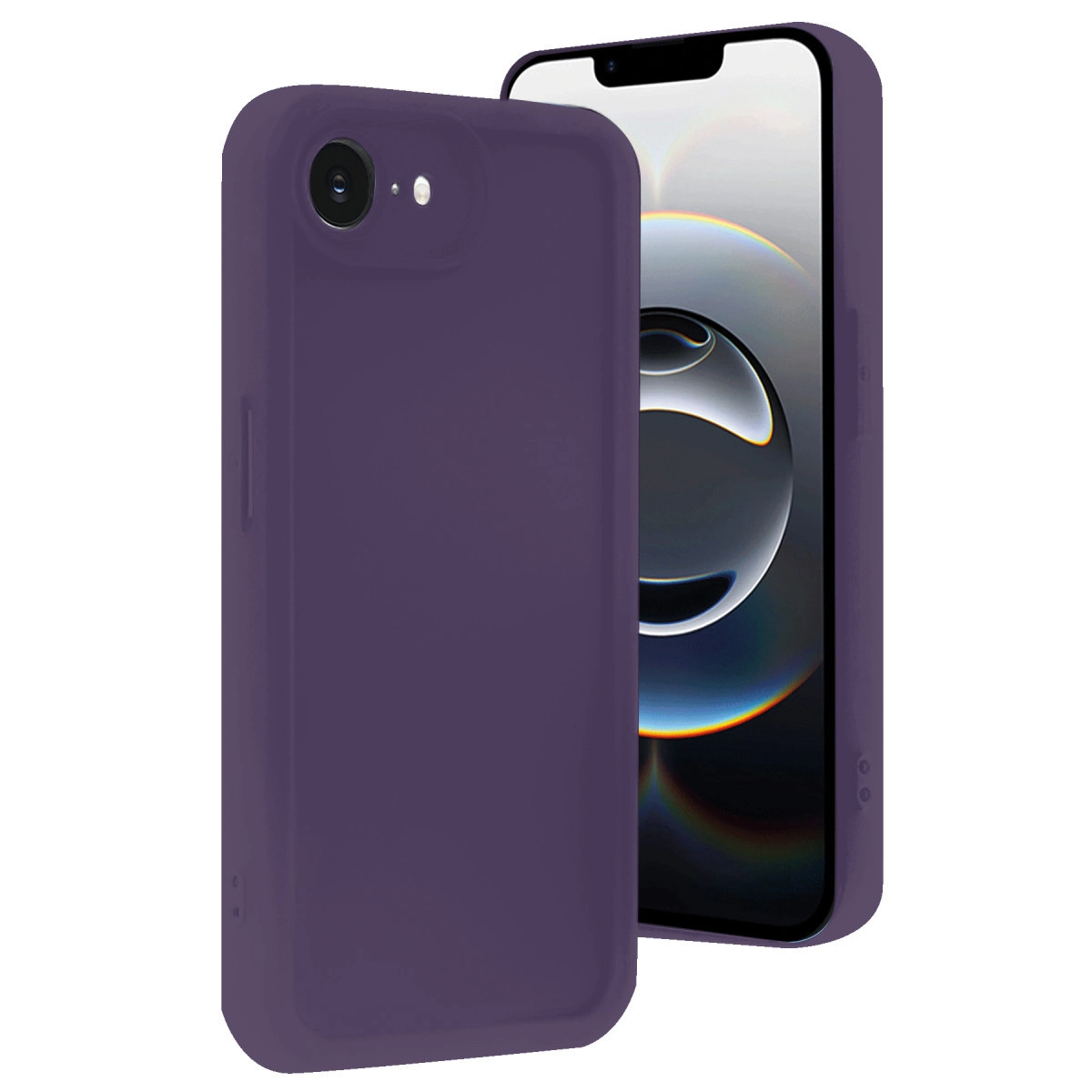 İçinde telefon bulunan mor bir iPhone kılıfı gösteriliyor. Telefon ekranında renkli soyut bir görüntü var.