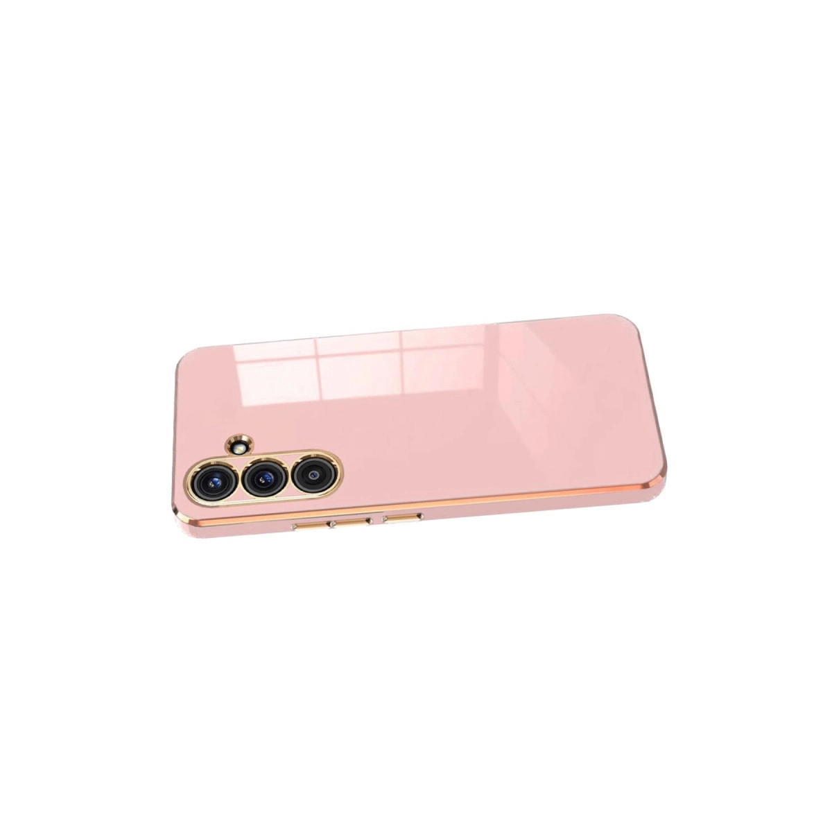 Üç kameralı, altın çerçeveli pembe bir akıllı telefon.
