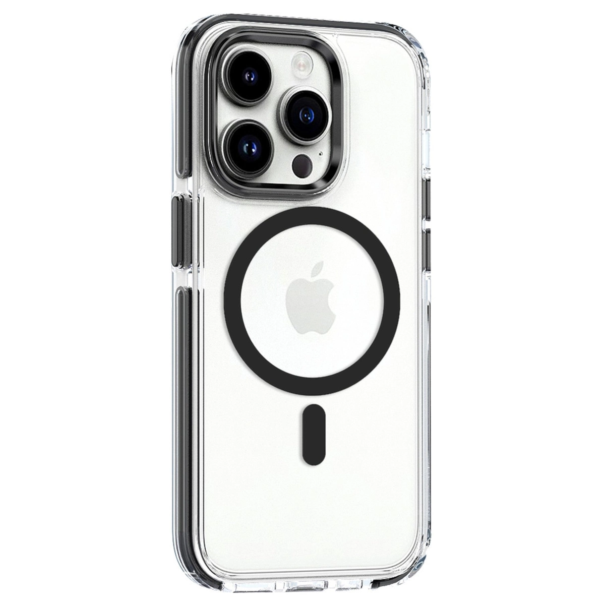 Üç kameralı şeffaf iPhone kılıfı, siyah daire ve çizgi.