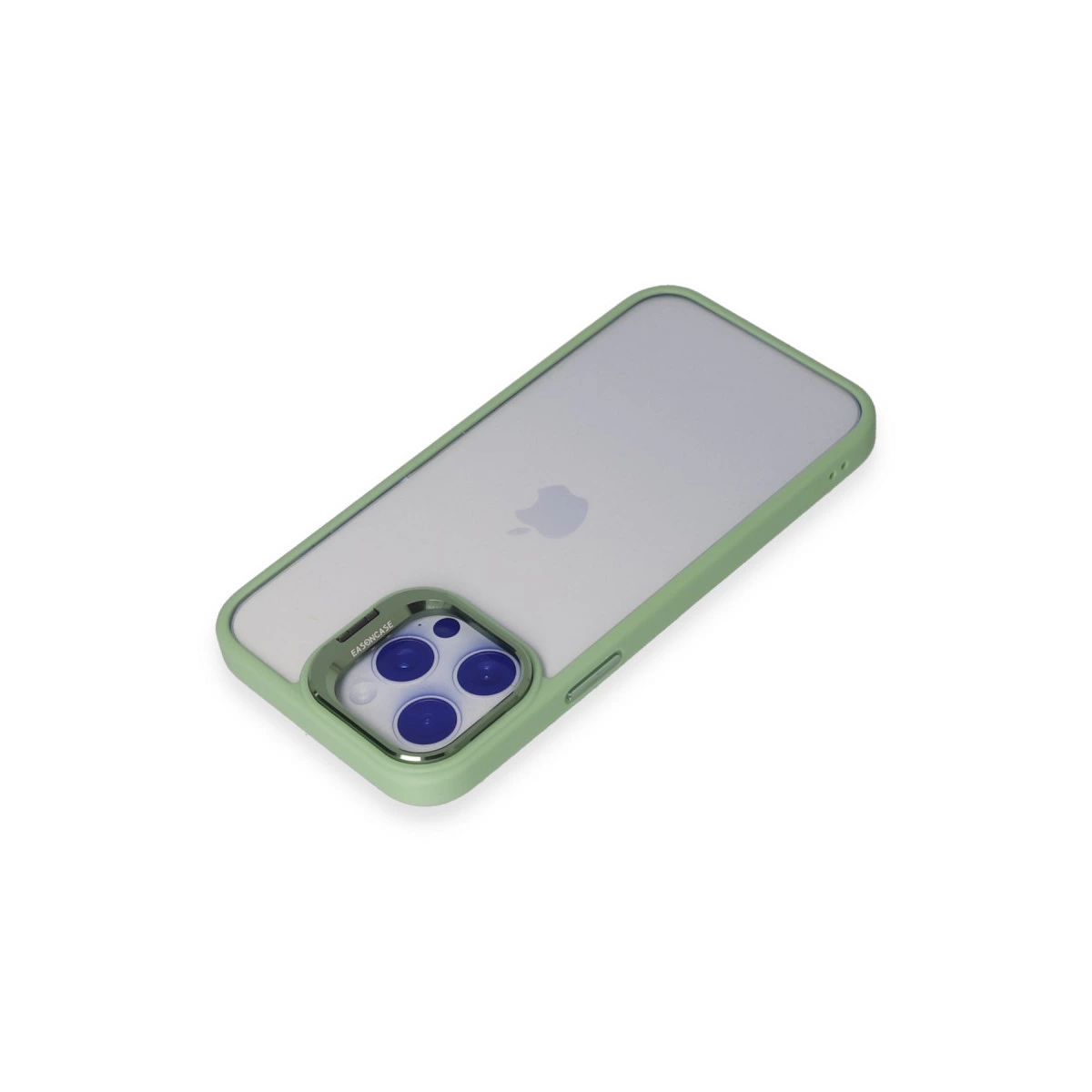 Beyaz zeminde yeşil çerçeveli şeffaf iPhone kılıfı.