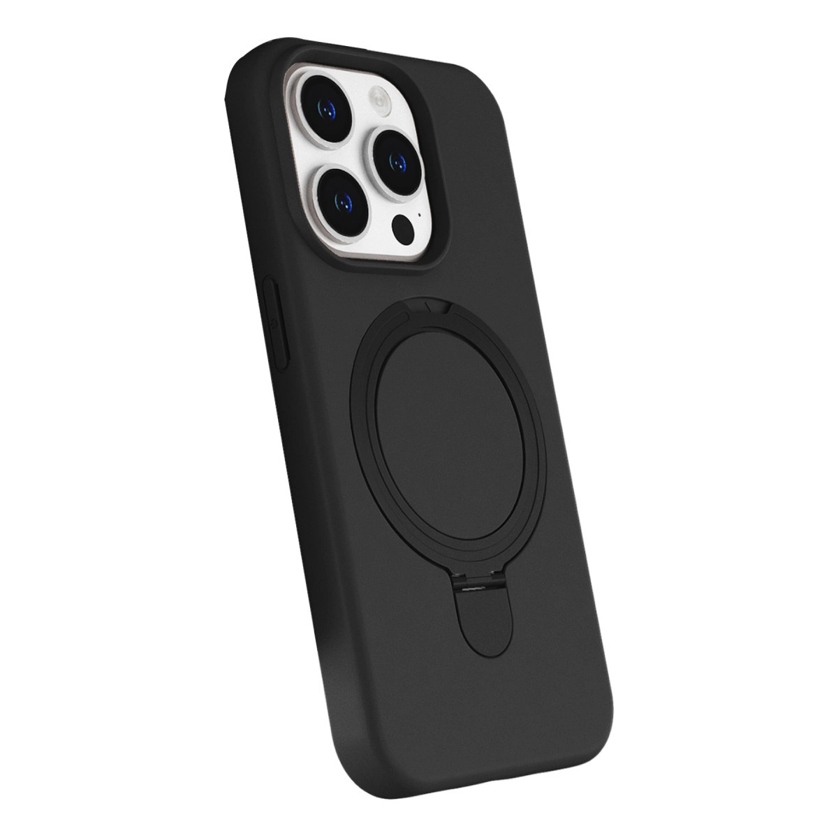Halka tutuculu ve üçlü kamera kesimli siyah telefon kılıfı.