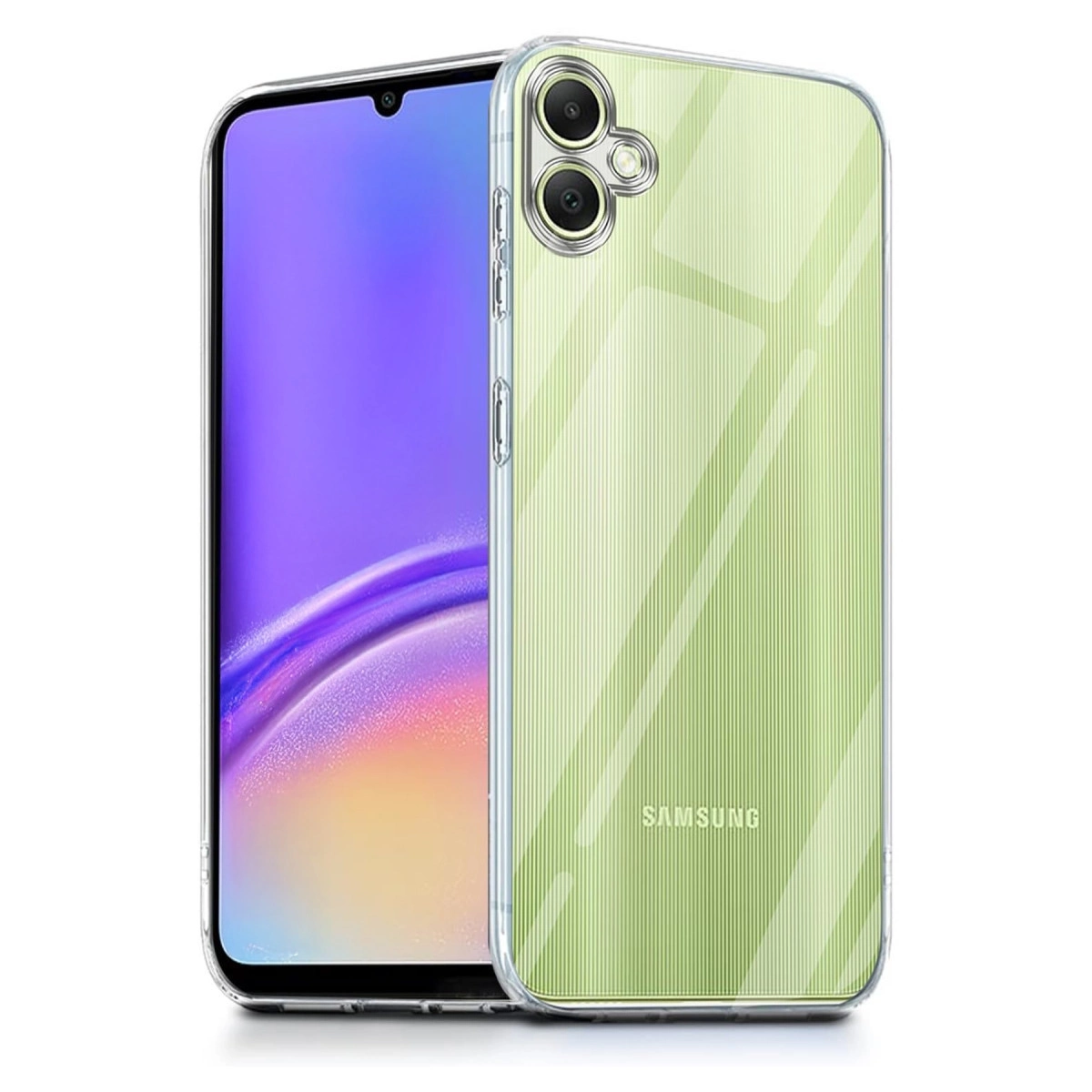 Dikey çizgili şeffaf kılıfta açık yeşil telefon.