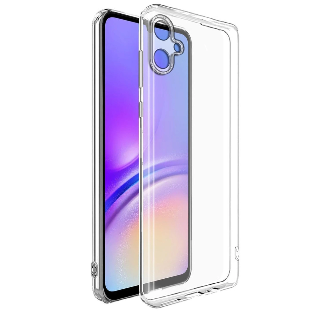 Şeffaf telefon kılıfı, mor ekranlı bir akıllı telefonun üzerinde duruyor.