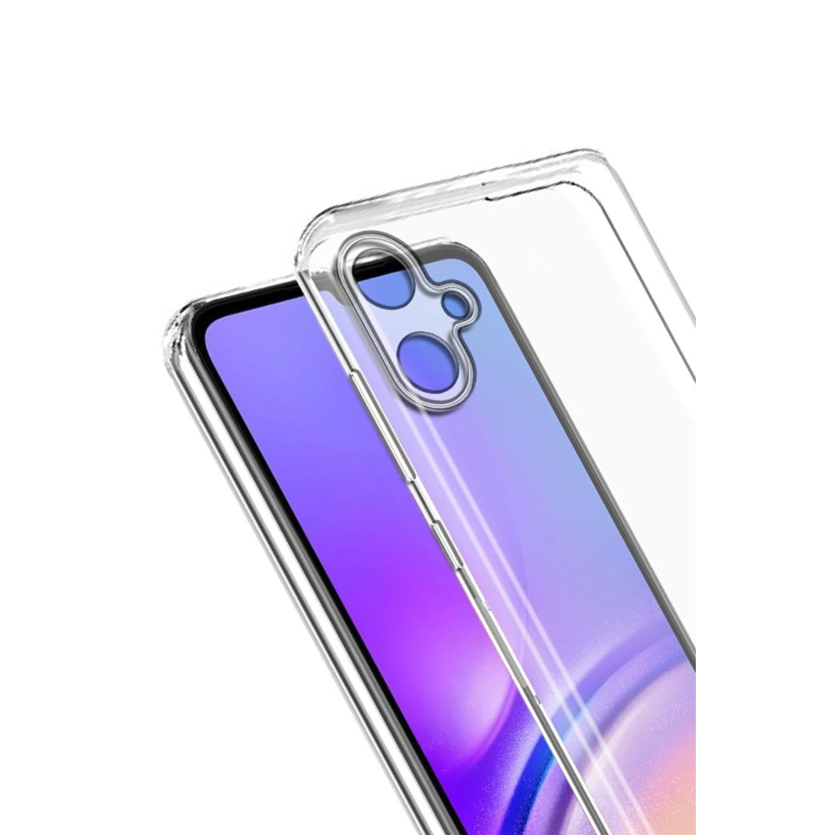 Mor ekranlı bir akıllı telefonun üzerine yerleştirilmiş şeffaf telefon kılıfı.