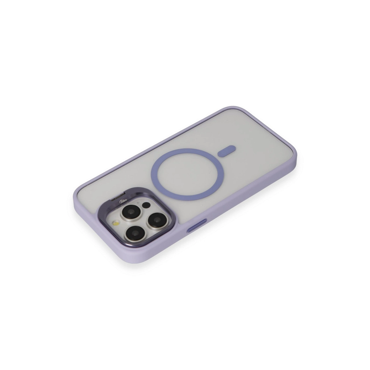 Mor iPhone kılıfı MagSafe halkası ve kamera kesimi ile.