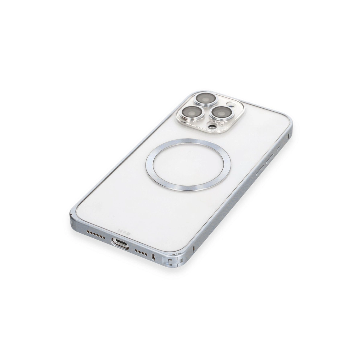 NEWFACE iPhone 15 Pro Uyumlu Metal Bumper Magneticsafe Telefon Kılıfı Gri