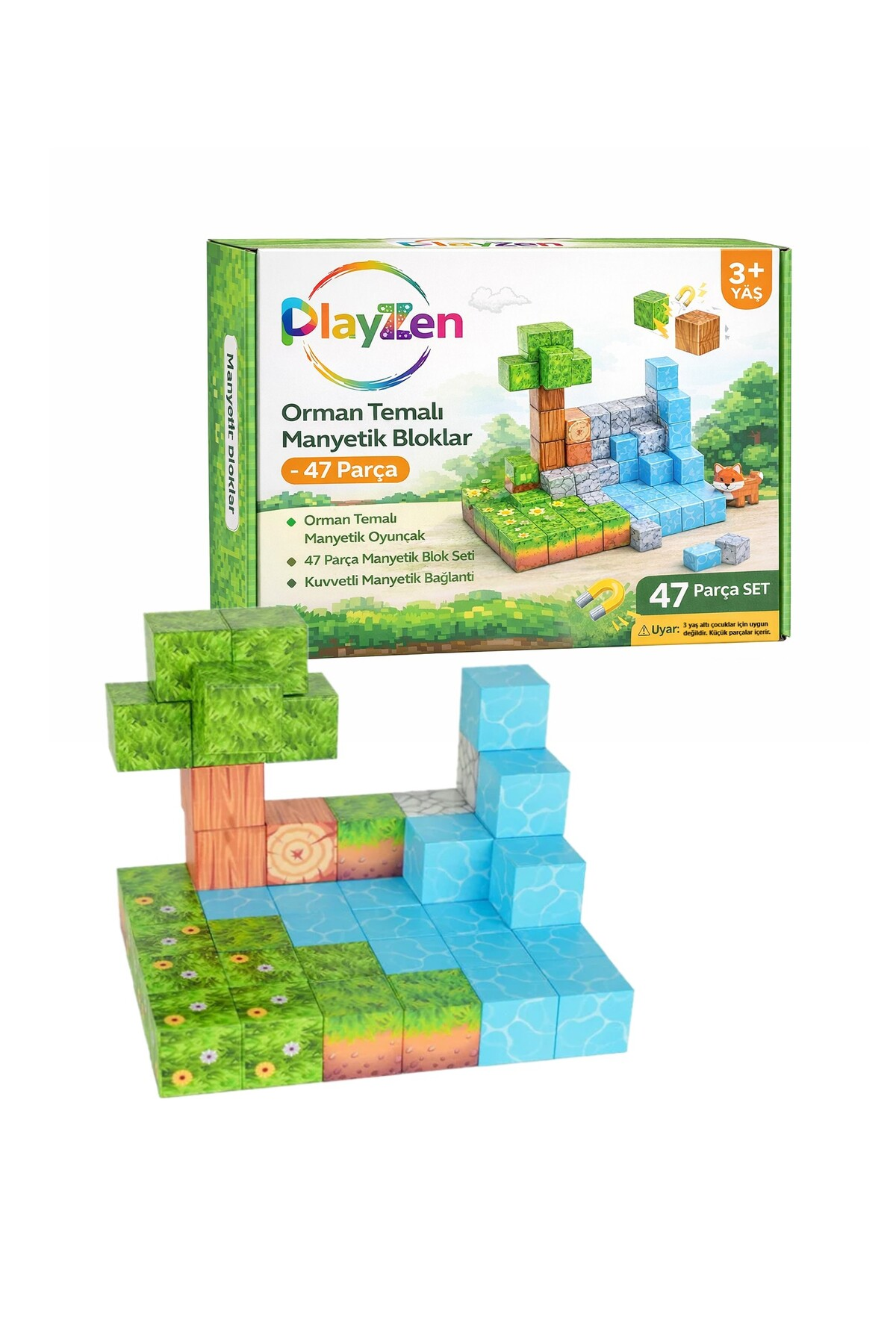 PLAYZEN Orman Temalı Manyetik Bloklar 47 Parça Eğitici Yapı Oyunu 3+ Yaş