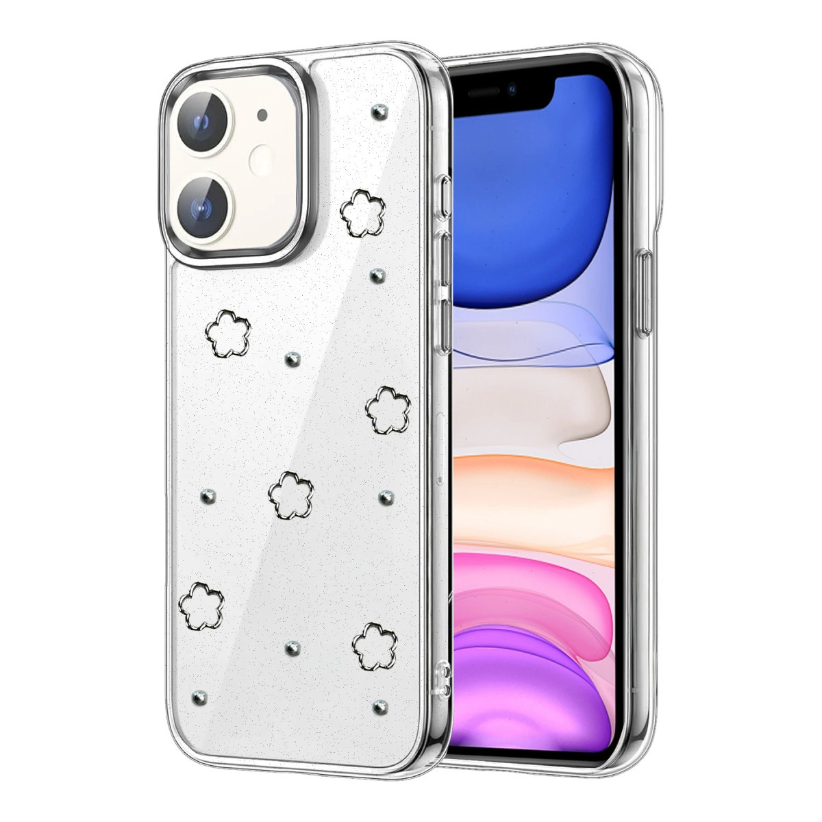 Çiçek desenli ve simli şeffaf telefon kılıfı.