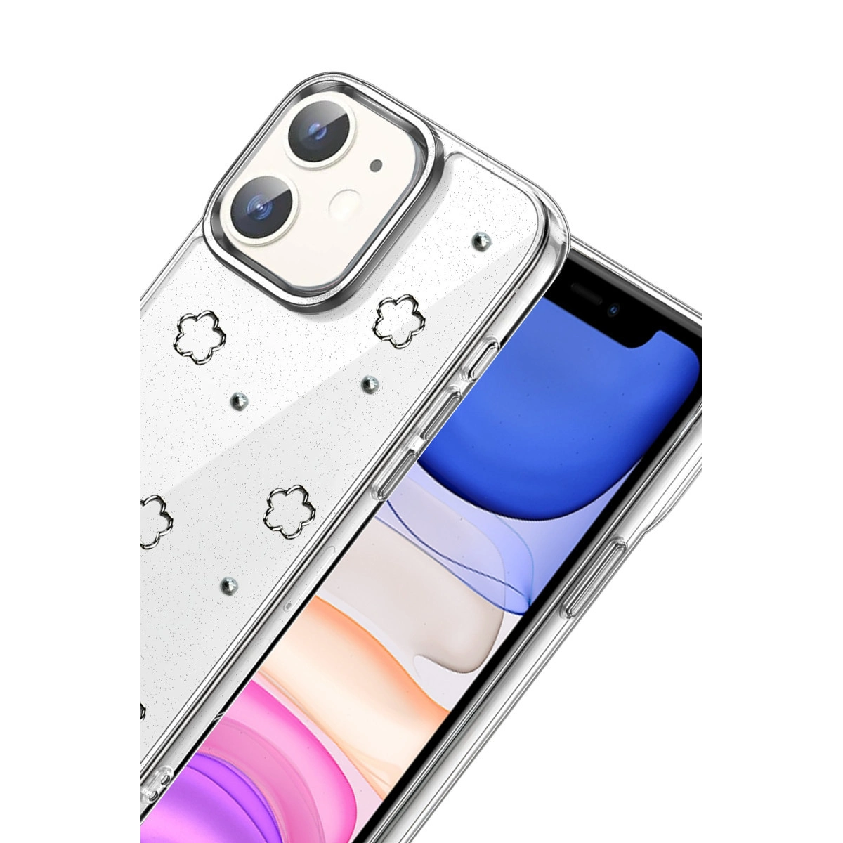 Çiçek desenli ve simli şeffaf telefon kılıfı.