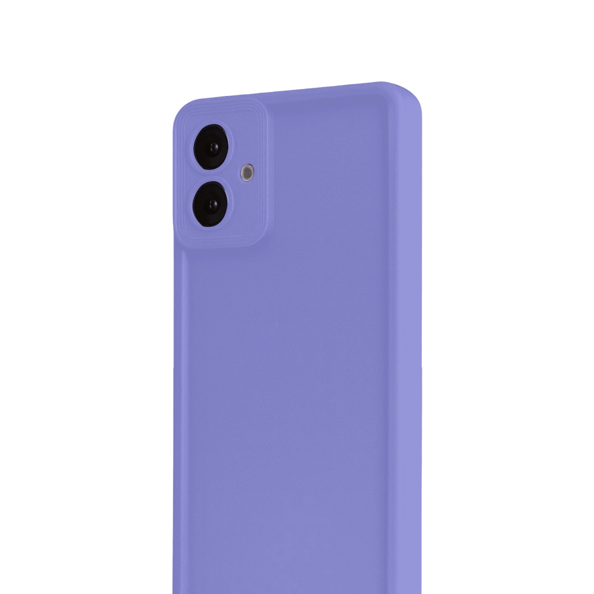 Beyaz arka plan üzerinde iki kamera lensi ve flaşı olan mor telefon kılıfı.