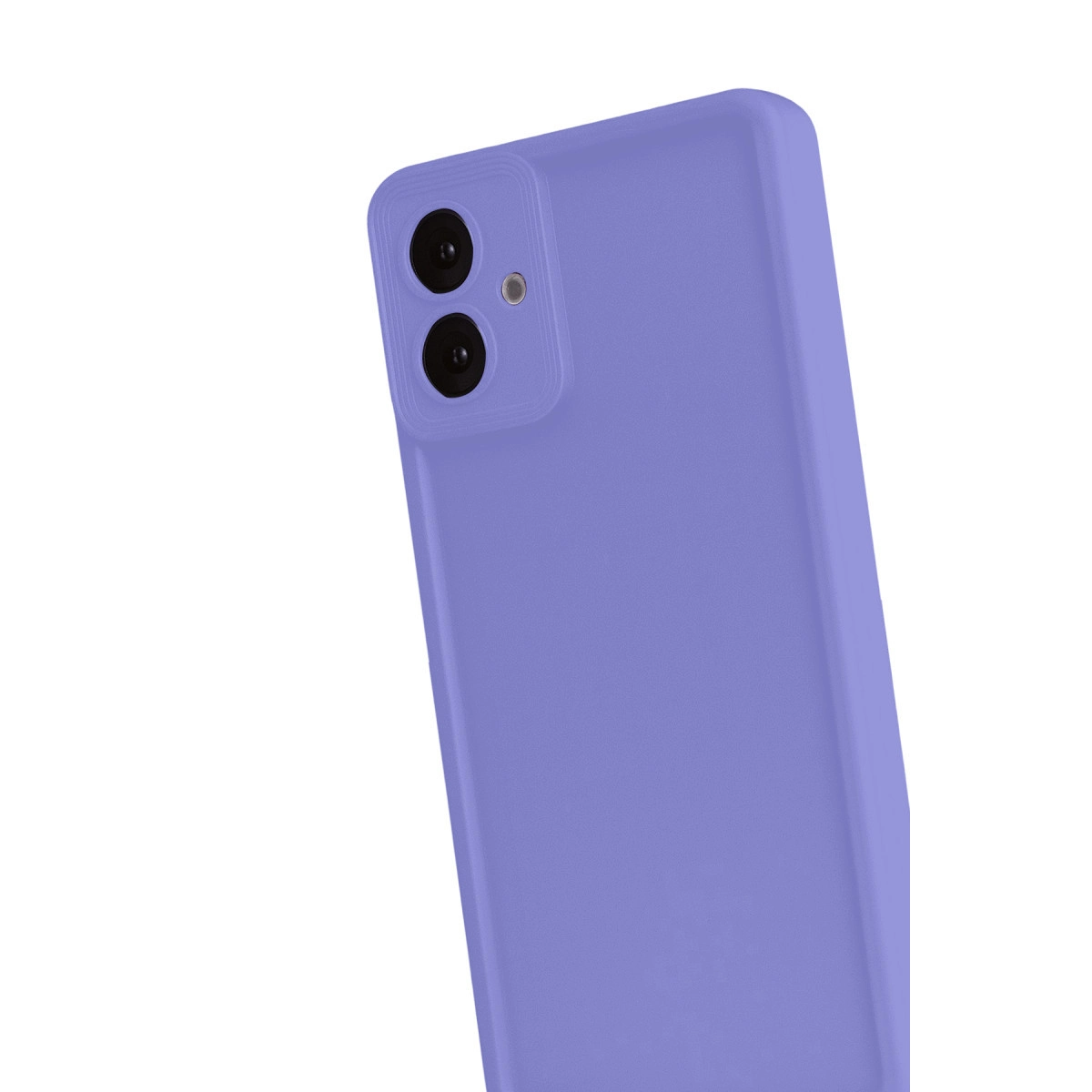 Mor telefon arka yüzü, iki kamera ve flaşlı.